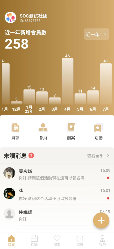 連心管家 - 회원 성장 차트와 정보, 회원, 사례, 활동 관리 모듈을 특징으로 하는 연심관리인 앱 대시보드.