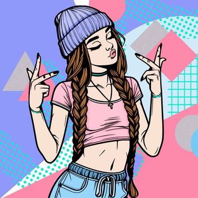 realistic teenage girl with braids and a beanie and crop top doing 🫶🏼