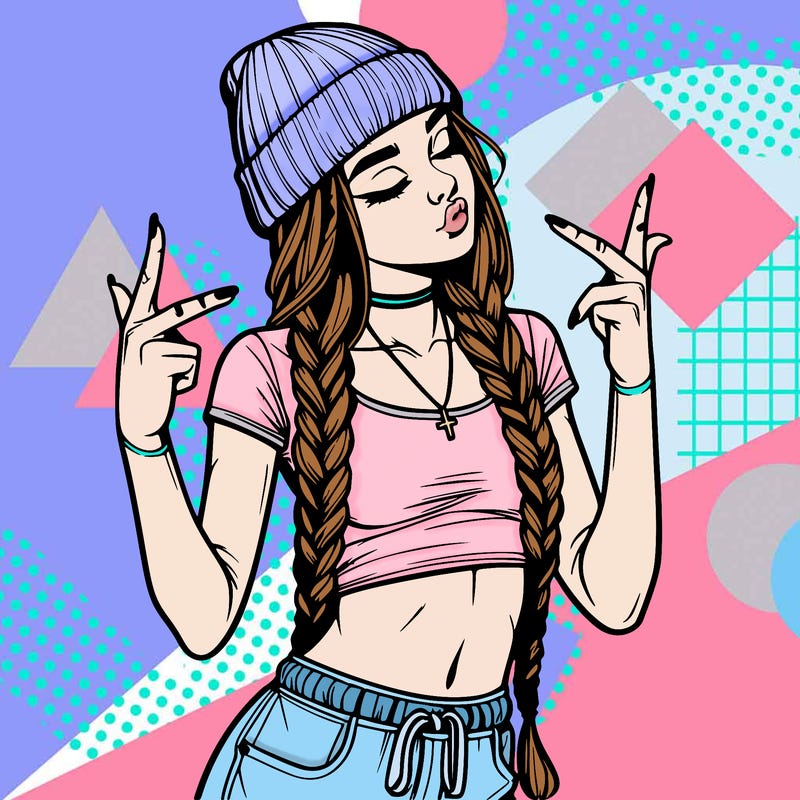 realistic teenage girl with braids and a beanie and crop top doing 🫶🏼