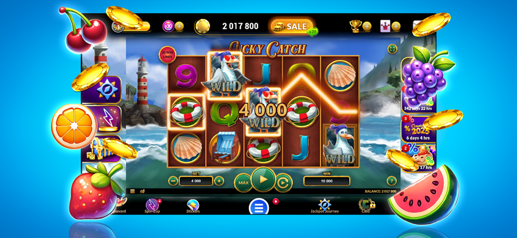 Super Slots Rush Classic - Lucky Catch slot machine gameplay in Super Slots Rush Classic with nautical theme symbols and floating fruits