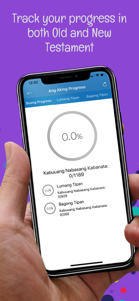 Mobile app screen showing reading progress tracker for the Tagalog Bible Old and New Testaments
