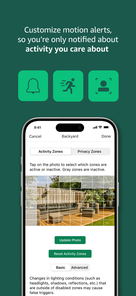 Écran de l'application Blink Home Monitor montrant des zones d'activité personnalisables pour une caméra d'arrière-cour.