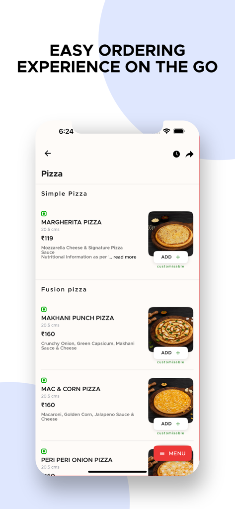 Mobile App Benutzeroberfläche von La Milano Pizzeria zeigt eine Vielzahl von Pizzen mit Preisen und Hinzufügen-Buttons