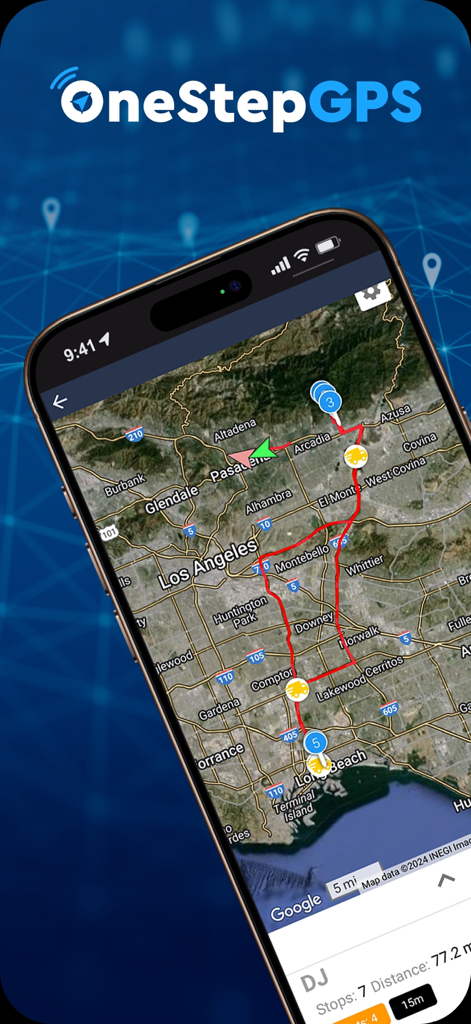 One Step GPS mobile app interface showing real-time fleet vehicle tracking and route history on a map