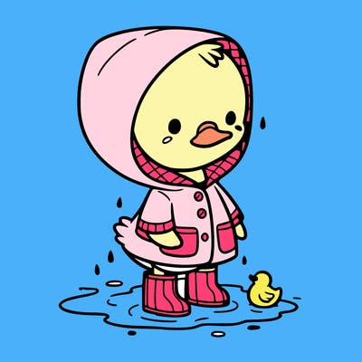 baby duck in a rain coat and boots, in a puddle while it’s raining