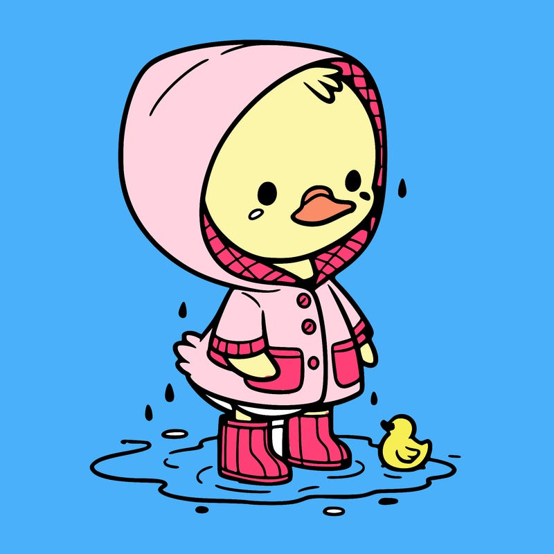 baby duck in a rain coat and boots, in a puddle while it’s raining