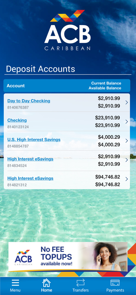 A screenshot of the ACB Mobile app displaying various deposit accounts and their balances