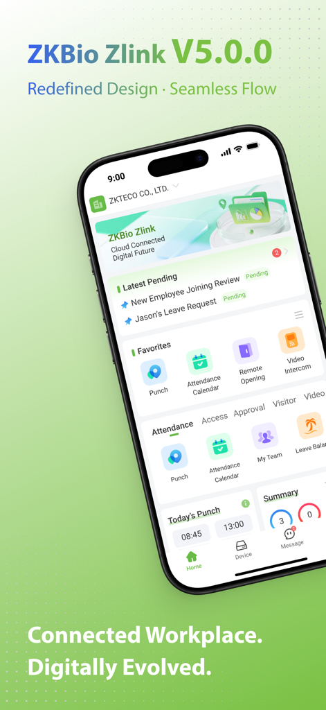 ZKBio Zlink - ZKBio Zlink mobile app home screen showing attendance tracking and workplace management features