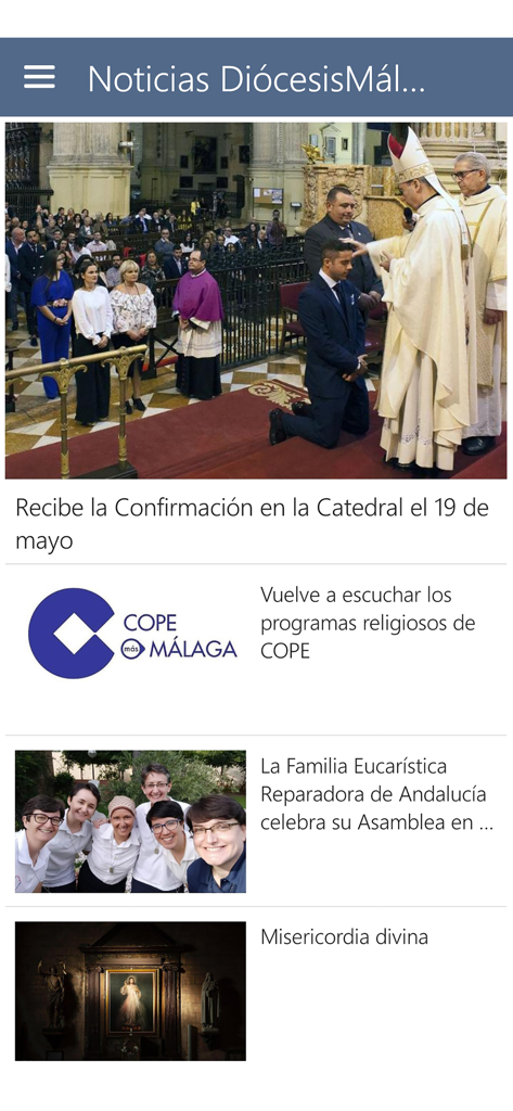 DiocesisMalaga - News feed of the DiocesisMalaga app displaying Catholic community updates and religious events