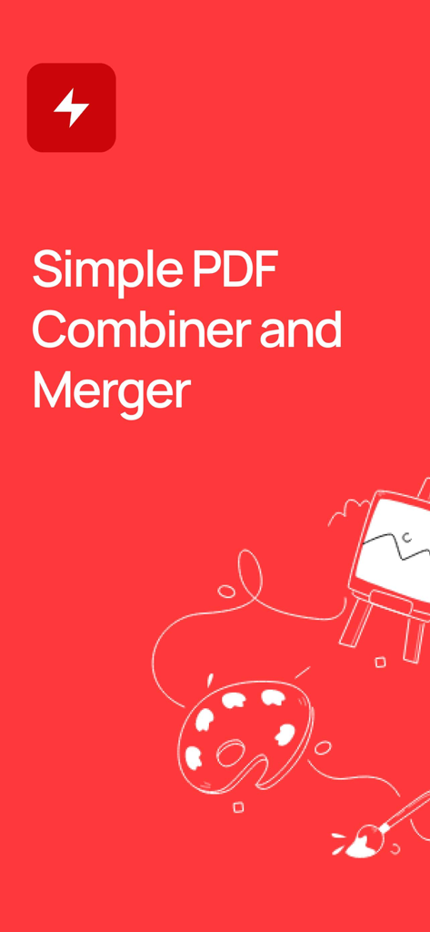 Splash screen for PDF Merger and Combiner Stitch app showing simple pdf combiner and merger text on a red background.