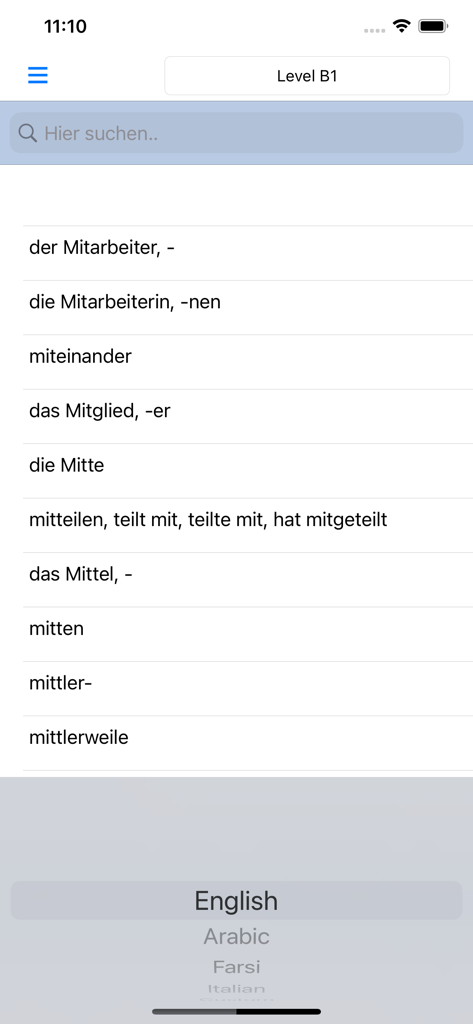 Wortschatz Deutsch A1 A2 B1 - German vocabulary app interface showing a list of words for Level B1 and translation language options