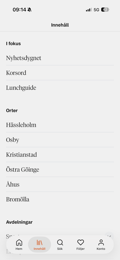 Norra Skåne - Menu of the Norra Skane app showing local news categories and town selections