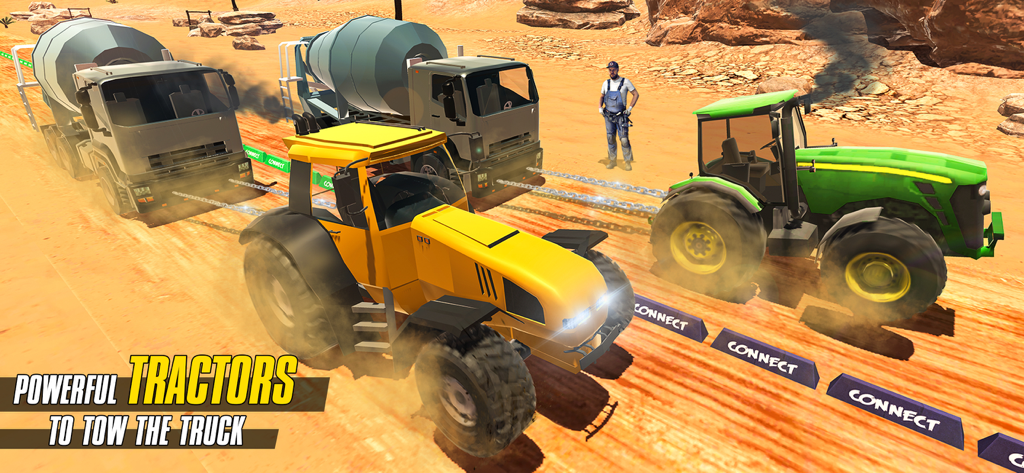 Drag Racing - Tow Truck Games - Yellow and green tractors towing heavy concrete trucks on a dirt track
