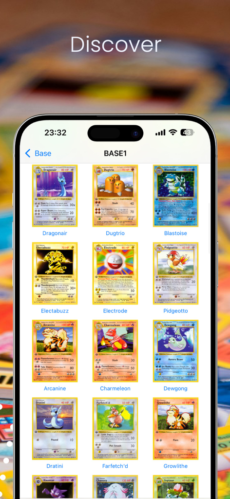 Poké: TCG Scanner for Pokemon - A mobile screen showing a grid of classic Base set Pokemon cards within the Poke TCG Scanner app interface.