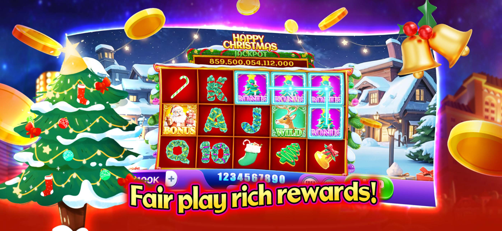 Jackpot Slots:Free Casino Game - A Christmas-themed slot machine display featuring festive icons and a large jackpot amount.