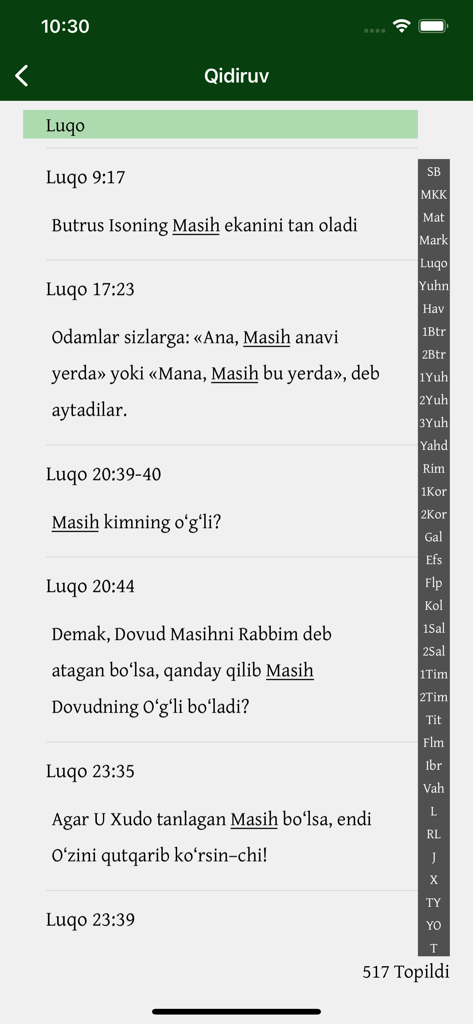Una schermata dei risultati di ricerca nell'app Muqaddas Kitob che mostra versetti dal Libro di Luca in lingua uzbeka