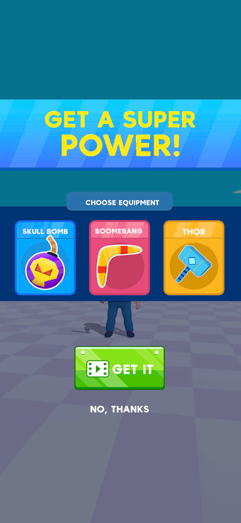 A menu screen in Throwmaster Target Hit where players choose special weapons like the Skull Bomb or Thor hammer