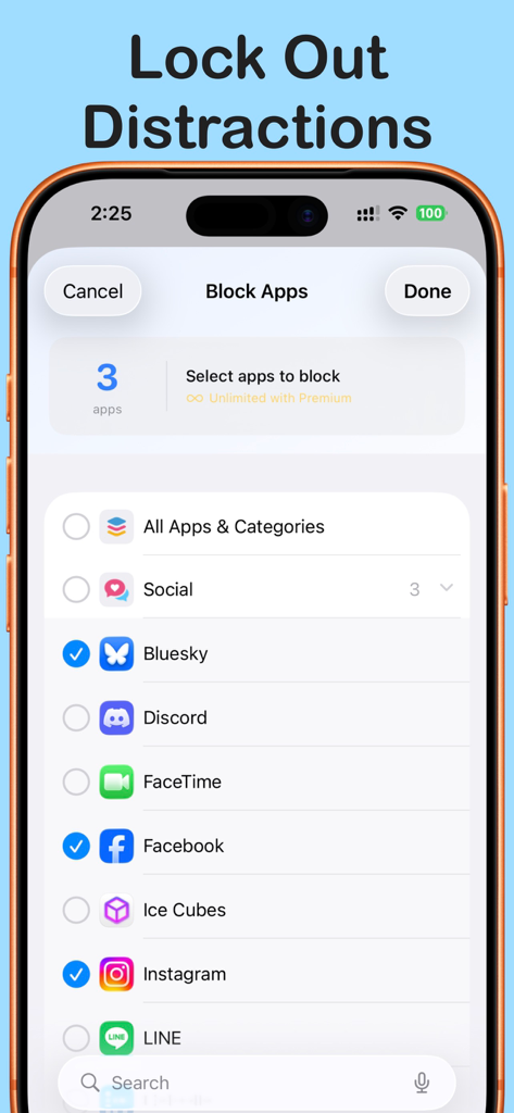Focus Lock : Pomodoro Timer - Focus Lock interface showing a list of social media apps selected to be blocked during a productivity session
