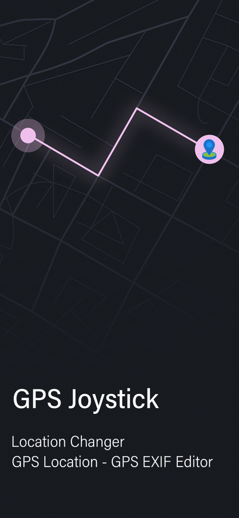GPS Joystick app main screen showing a simulated map route and location changer text