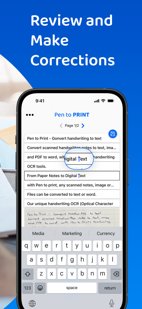 PenToPrint Handwriting to PDF - デジタルテキストに変換された手書きノートのレビューと修正のためのインターフェース