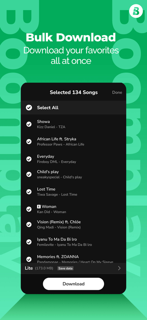 Interface of the Boomplay app showing the bulk download feature with a list of 134 selected songs from various African artists