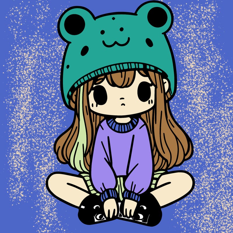 a girl wearing a frog hat and some frog socks