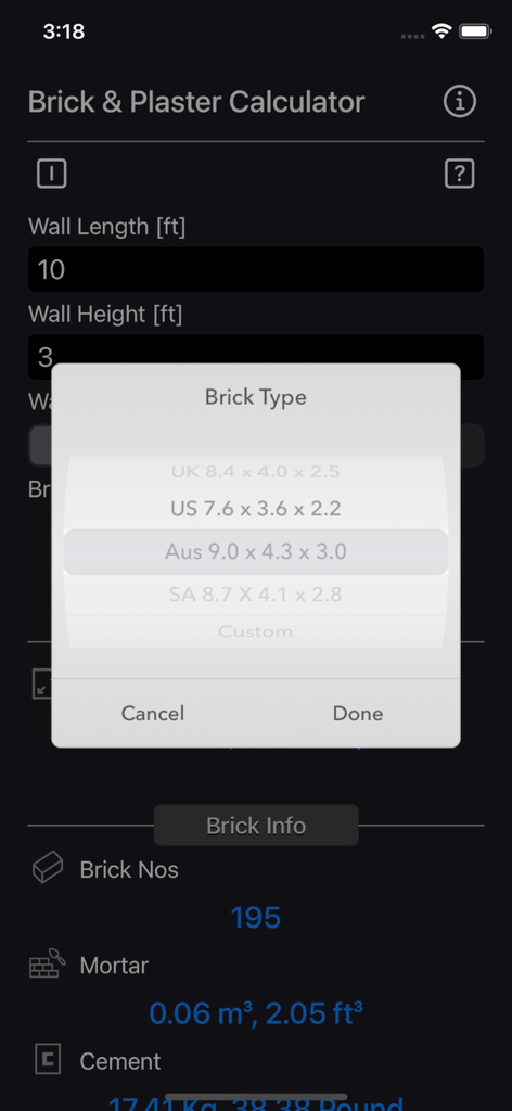 Brick and Plaster Calculator - Brick and Plaster Calculator app showing international brick size selection options for construction projects