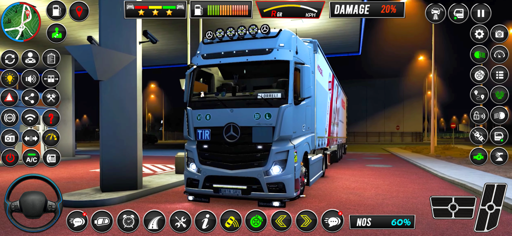 Camión semirremolque azul estacionado en una gasolinera por la noche en un juego de simulación de conducción de camiones para móviles