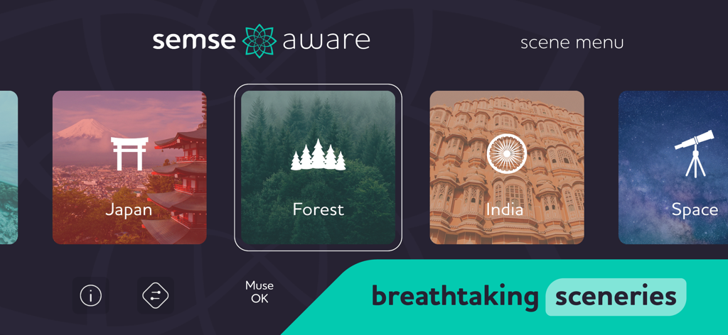 Semse Aware: Be Present Now - Menu de cenas de meditação Semse Aware exibindo diversos ambientes de meditação, incluindo Floresta Japonesa e Índia.