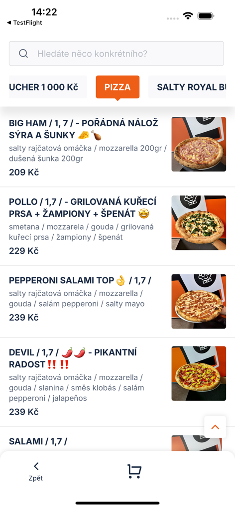 Salty - Salty app interface showing a list of different pizzas with prices and descriptions