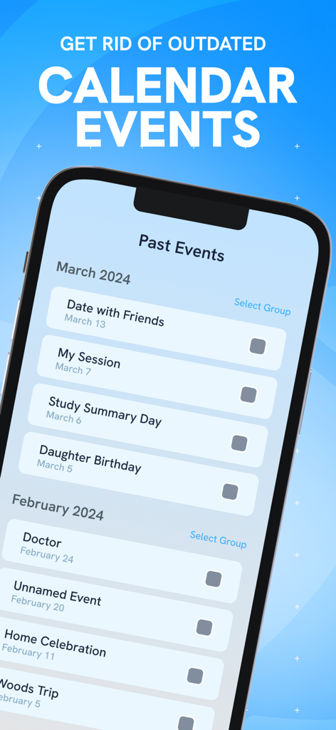 Interfaz de la aplicación Easy Clean mostrando una lista de eventos pasados del calendario para eliminación masiva.