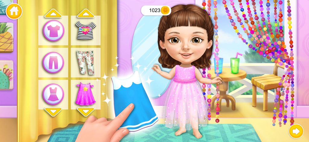 Sweet Olivia character standing next to a clothing selection menu in a dress up game interface