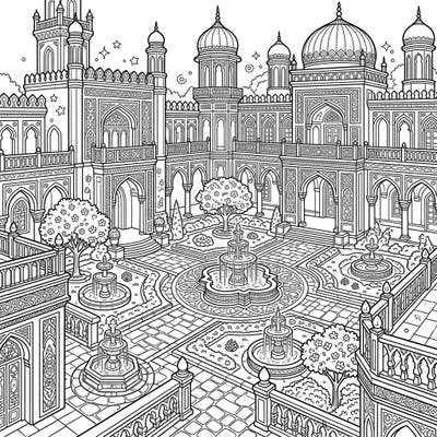 Step into a world of majestic beauty with this detailed palace courtyard coloring page. Discover intricate architecture, elegant fountains, and lush gardens waiting for your creative touch.