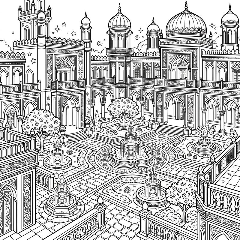 Step into a world of majestic beauty with this detailed palace courtyard coloring page. Discover intricate architecture, elegant fountains, and lush gardens waiting for your creative touch.