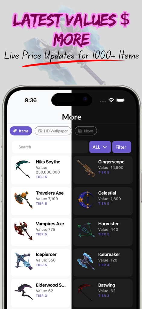 Mystery Trade Checker - Mystery Trade Checker app screen showing live trading values for MM2 items like Niks Scythe and Gingerscope