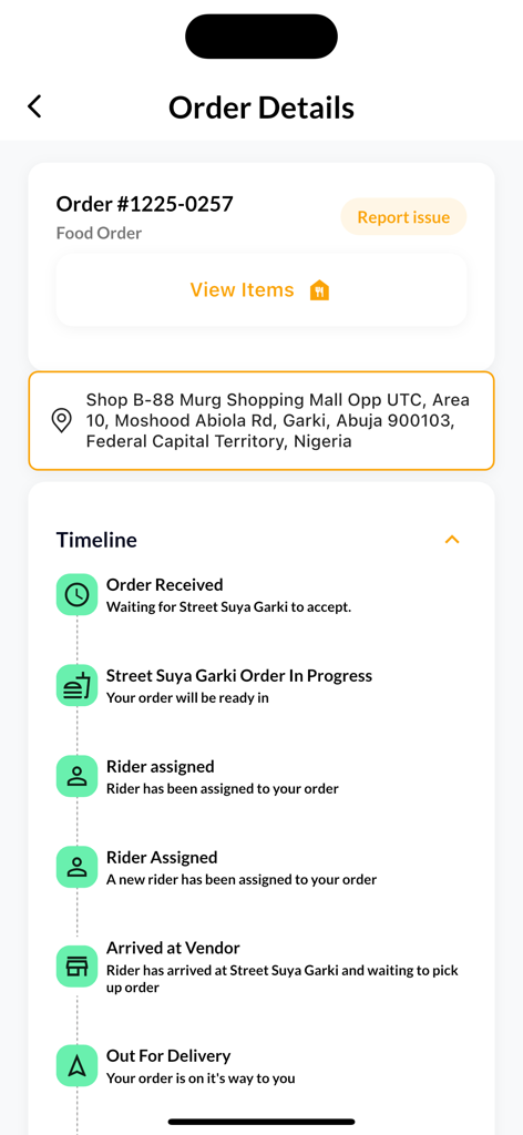 Pantalla de detalles del pedido de la aplicación EasyWay que muestra el seguimiento y la línea de tiempo de entrega de comida en tiempo real