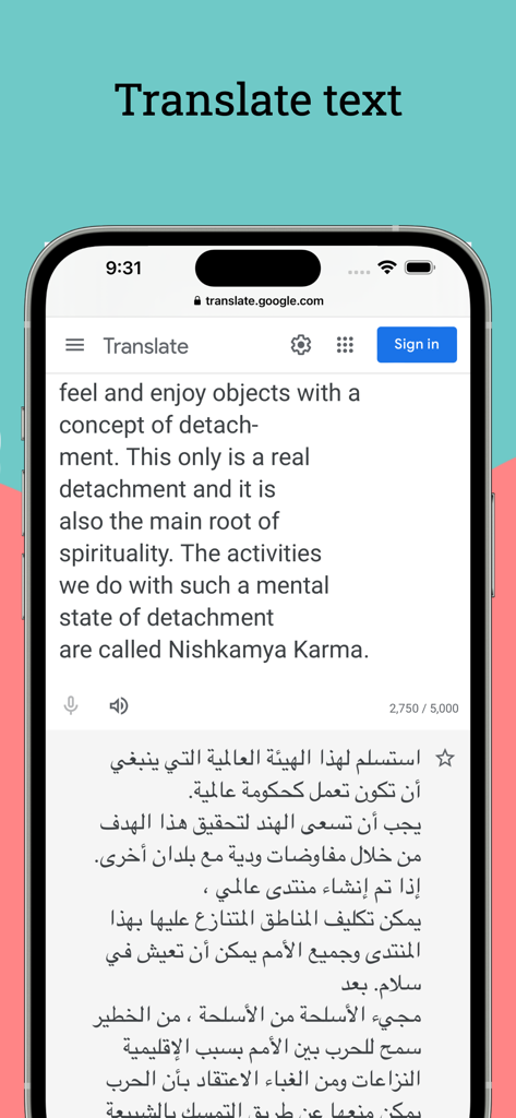 Smartphone-Bildschirm mit der Übersetzung von englischem Text ins Arabische innerhalb der App 'Text auf Bildschirm kopieren'.