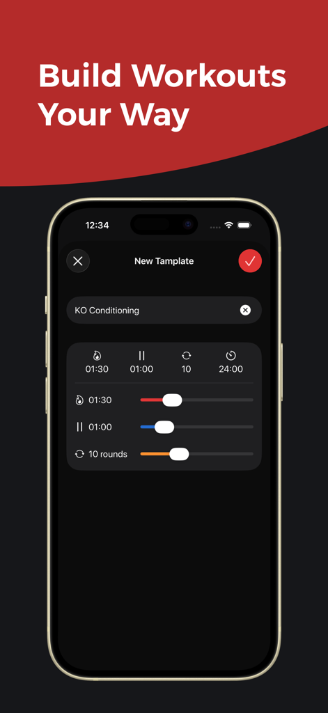 Boxing Timer: Boxio - Interface of the Boxio app showing settings to create a custom boxing workout template with adjustable intervals and rounds