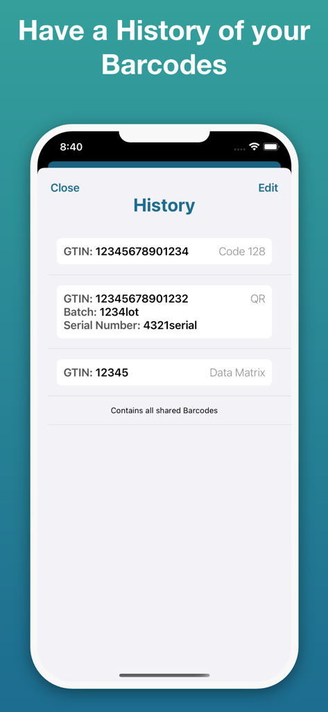 Mobile app screen displaying a history of generated GS1 barcodes with details like GTIN and batch numbers