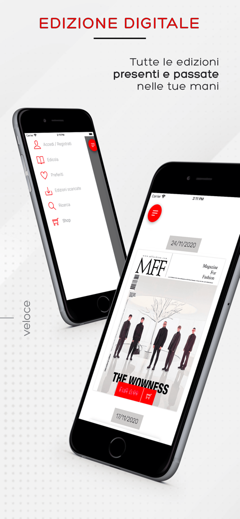 MF Fashion - MF Fashion app interface showing digital magazine editions on two mobile phones