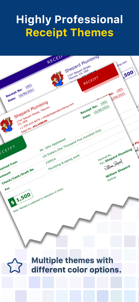 Affichage de divers thèmes de reçus professionnels avec différentes options de couleurs et logos d'entreprise