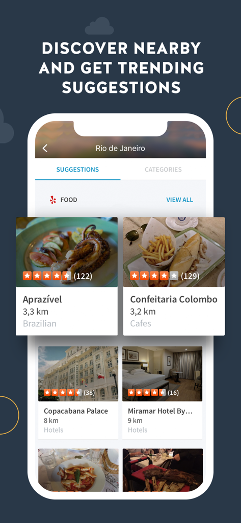 GPS Brasil: Offline navigation - Tela do aplicativo GPS Brasil mostrando sugestões de comida e hotel no Rio de Janeiro