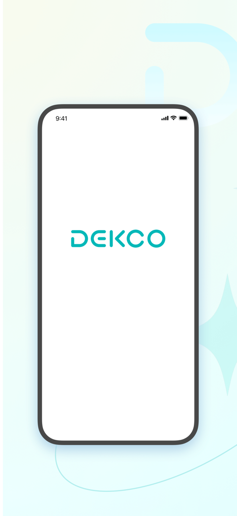 Pantalla de inicio de la aplicación de seguridad inteligente para el hogar Dekco con el logo de la marca.