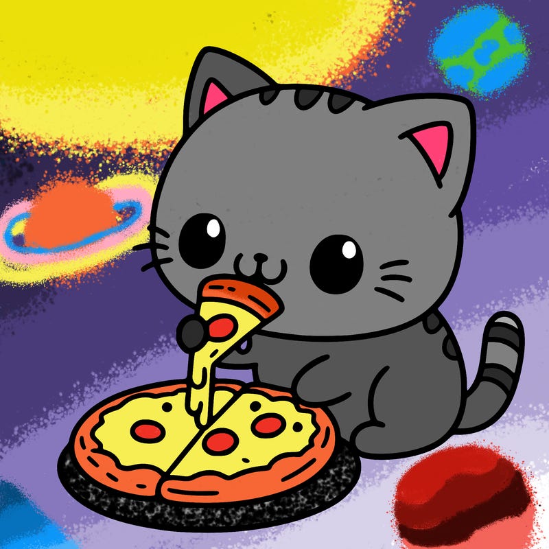 a cat eating pizza