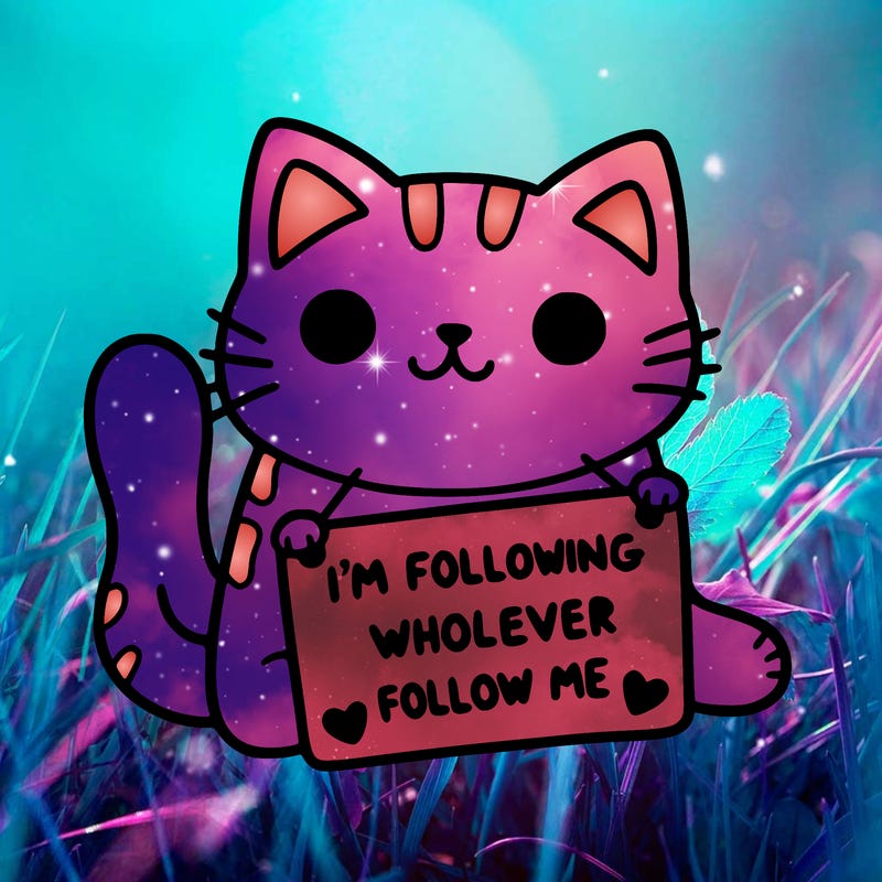 cat with a sign that says i’m following whoever follows me