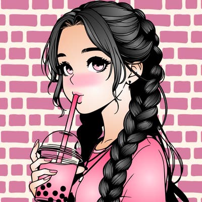 realistic girl with braided hair drinking boba