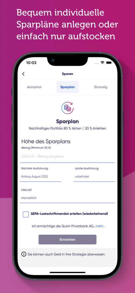 quirion – digitale Geldanlage - Quirion mobile app interface for setting up an automated recurring savings plan for a sustainable investment portfolio.