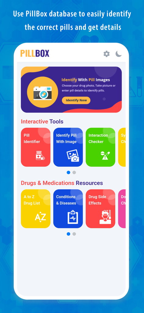 PillBox - Pill Identifier App - Home screen of PillBox app showing pill identification and drug interaction tools