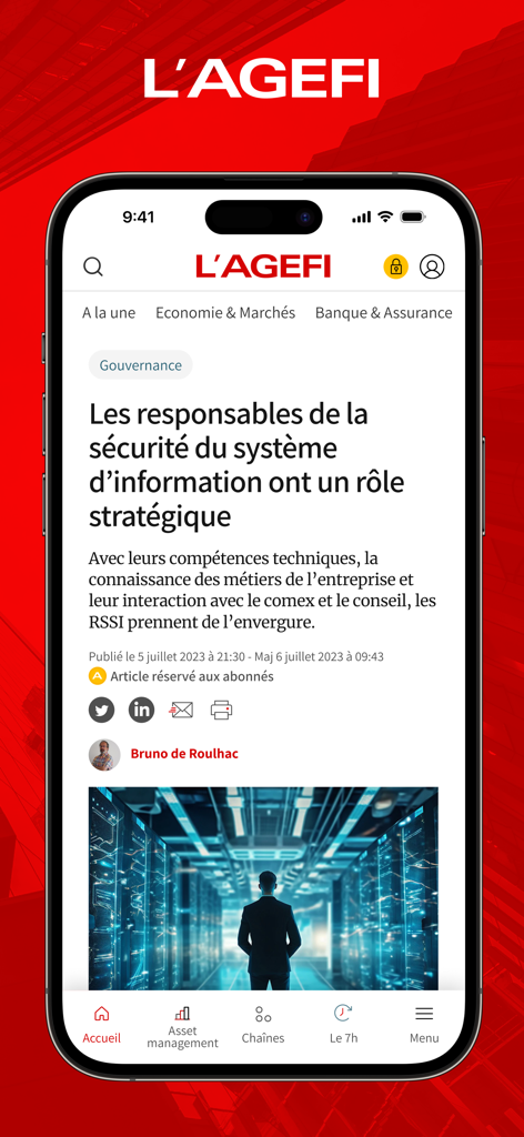 L'Agefi - Screenshot dell'app mobile L'Agefi che visualizza un articolo di notizie finanziarie su un iPhone