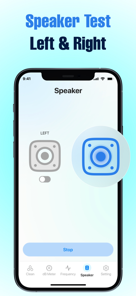 Water Eject: Speaker Cleaner. - Una schermata dello smartphone che mostra la modalità di test degli altoparlanti sinistro e destro dell'app Water Eject.